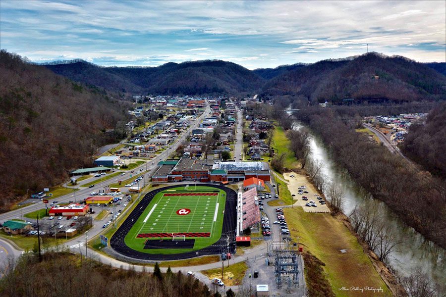 Prestonsburg, KY - Aerial View of Football Field and Surrounding Buildings in Downtown Prestonsburg Kentucky